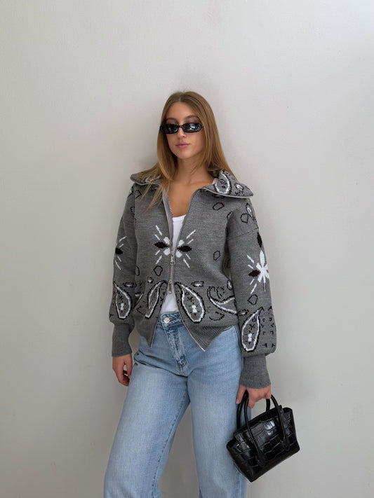 Cardigan Zip Bandana Grigio